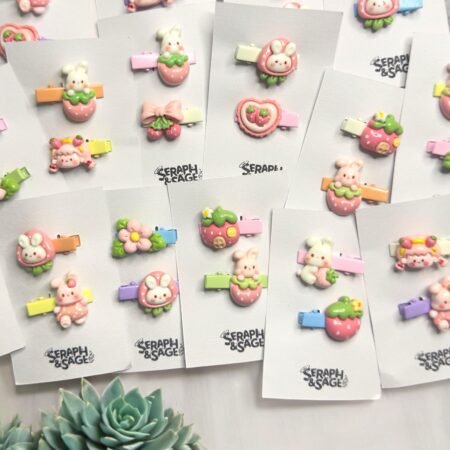 Bunny + Strawberry Pastel Hair Clips – Kawaii Mixed Colours (Set of 2)